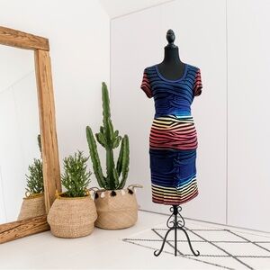 Nicole Miller Rainbow Striped Tiered Tucked Detail Sheath Dress